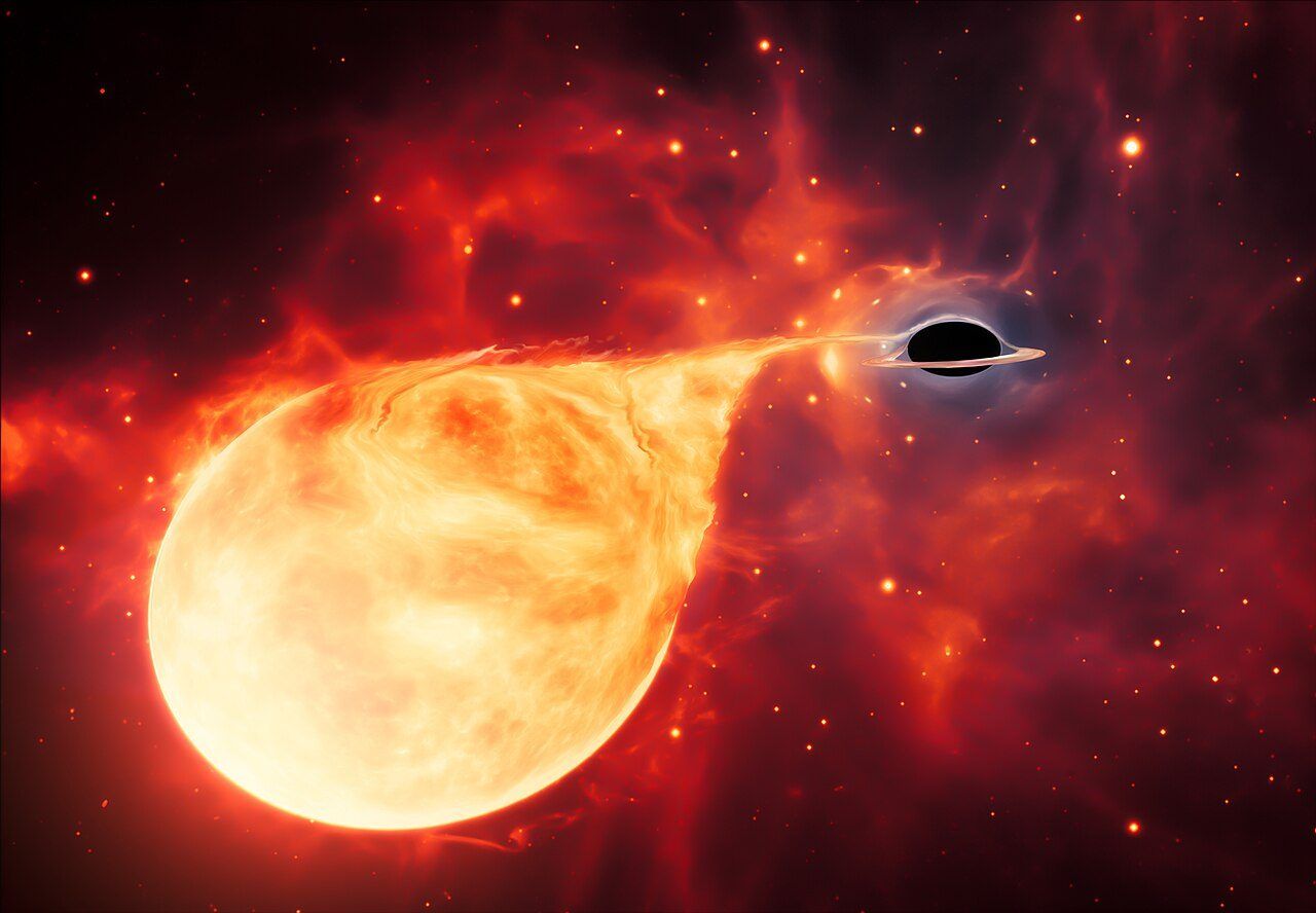 黑洞撕裂恒星形成发光气流的艺术想象图